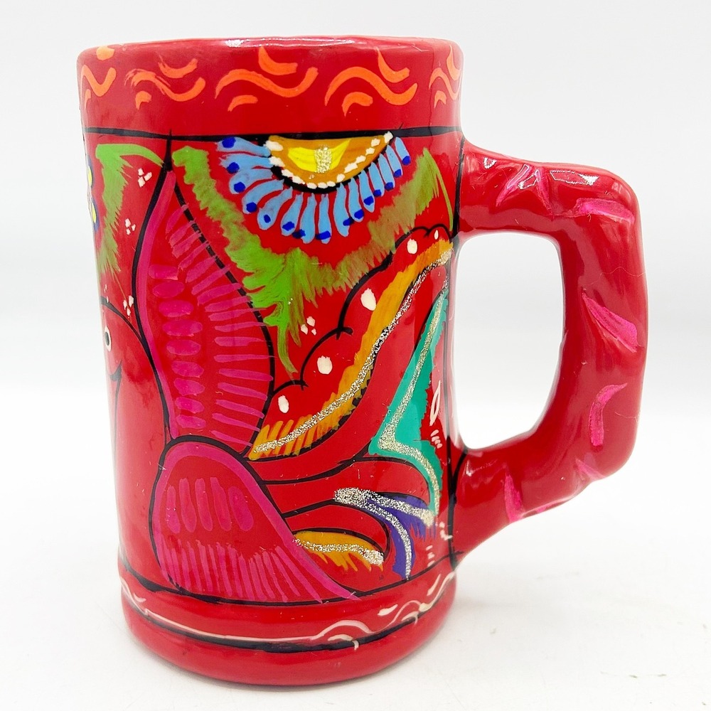 Mexican Pottery Hand Painted Bird‎ Red Mug